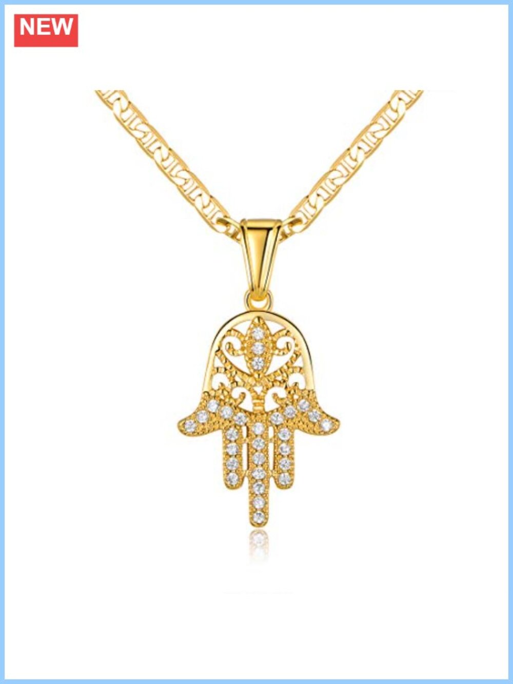 18K Gold Plated Mariner Chain Necklace Hamsa Hand Pendant 20 in
